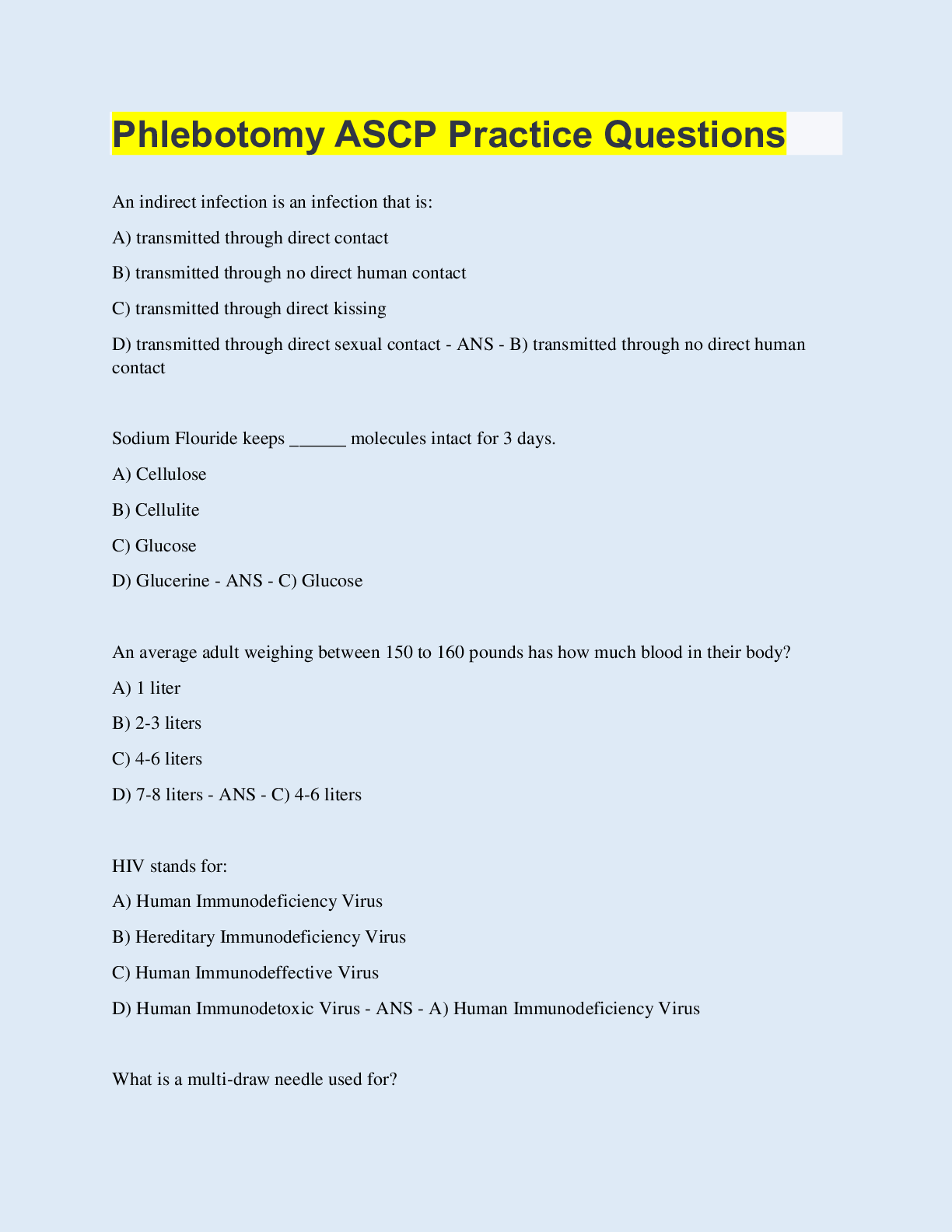 Preview image of Phlebotomy ASCP Practice Questions document